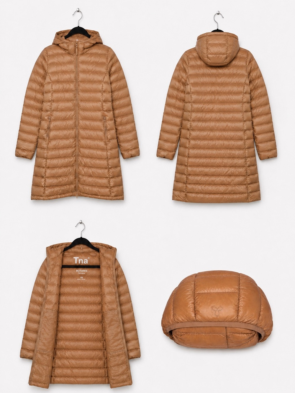 TNA PACKABLE  Botanie Jacket Long Hooded Puffer Coat in Caramel Brown